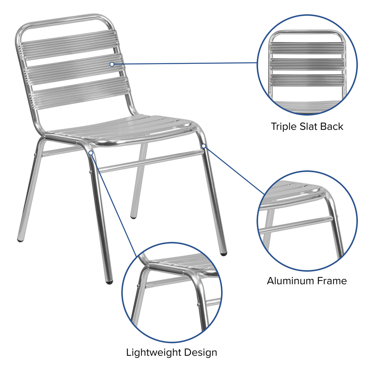 Aluminum |#| Commercial Aluminum Indoor-Outdoor Restaurant Stack Chair with Triple Slat Back