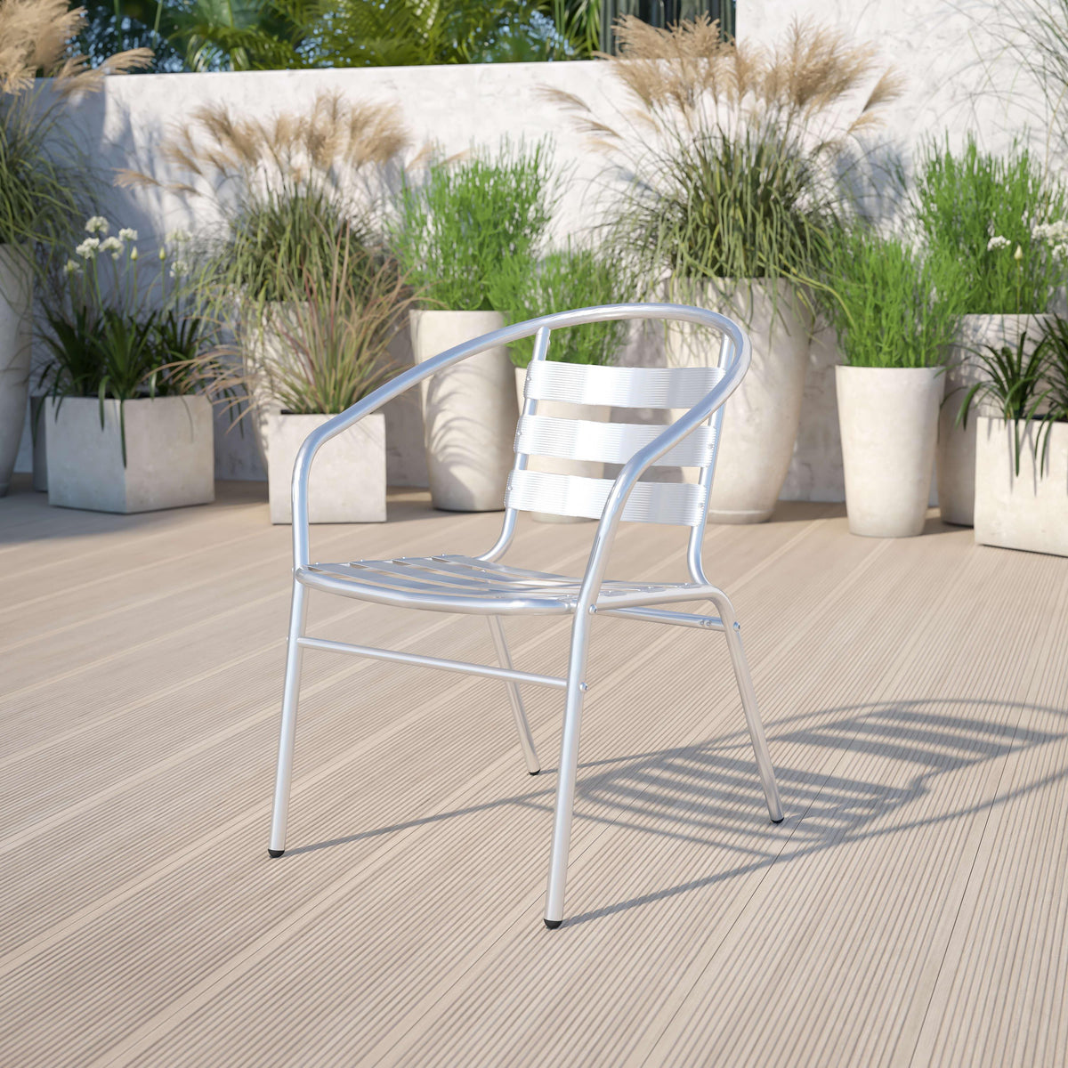 Commercial Aluminum Indoor-Outdoor Stack Chair with Triple Slat Back and Arms