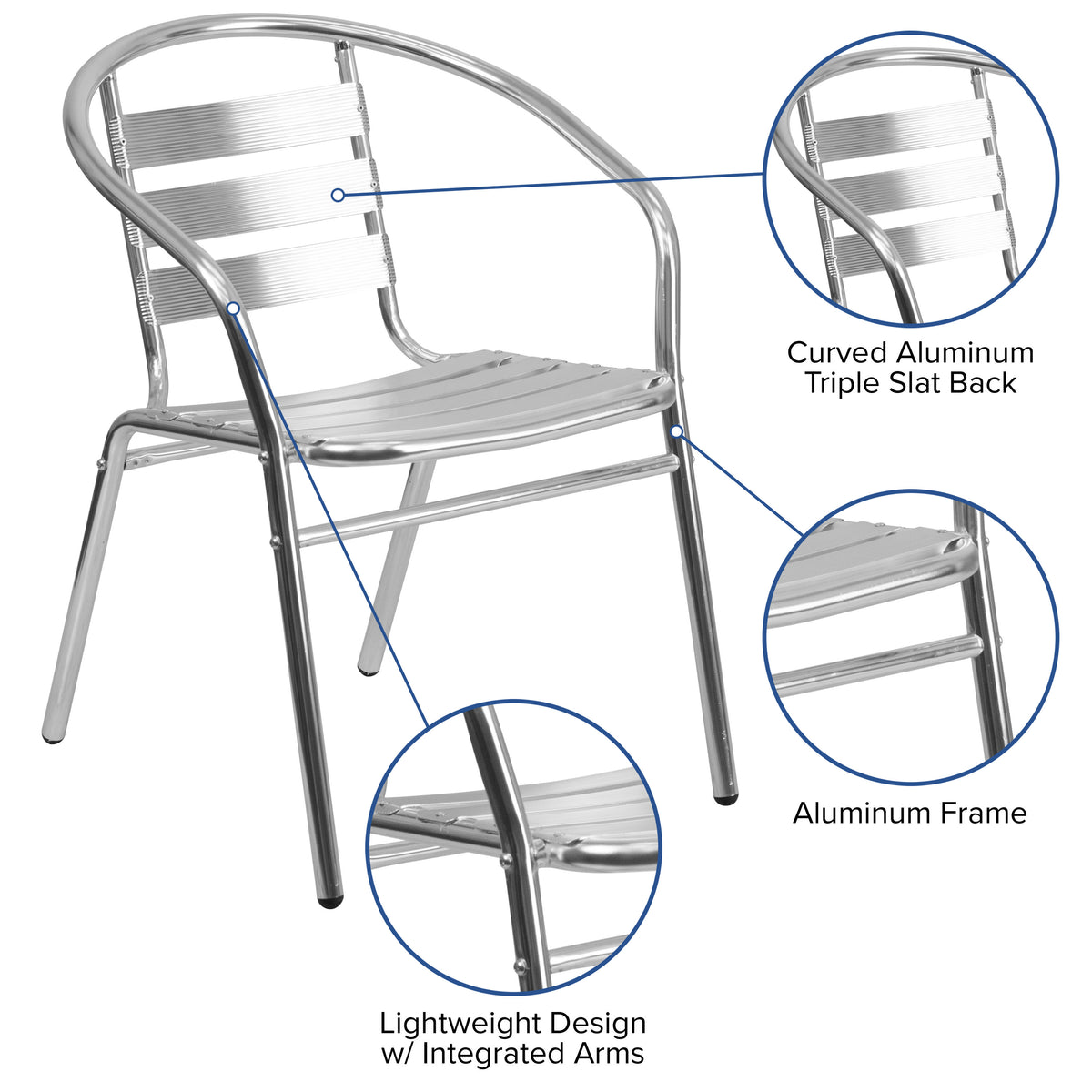 Commercial Aluminum Indoor-Outdoor Stack Chair with Triple Slat Back and Arms