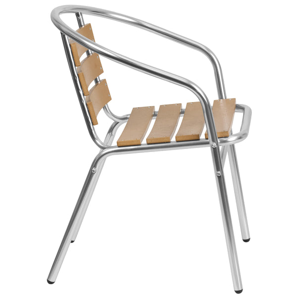 Aluminum |#| Commercial Aluminum Indoor-Outdoor Stack Chair with Triple Slat Faux Teak Back