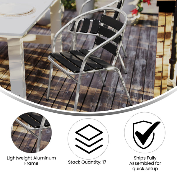 Black |#| Commercial Metal Indoor-Outdoor Stack Chair-Black Triple Slat Faux Teak Back