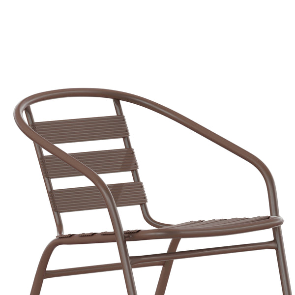 Bronze |#| Bronze Metal Restaurant Stack Chair with Curved Back and Metal Slats