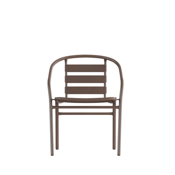 Bronze |#| Bronze Metal Restaurant Stack Chair with Curved Back and Metal Slats