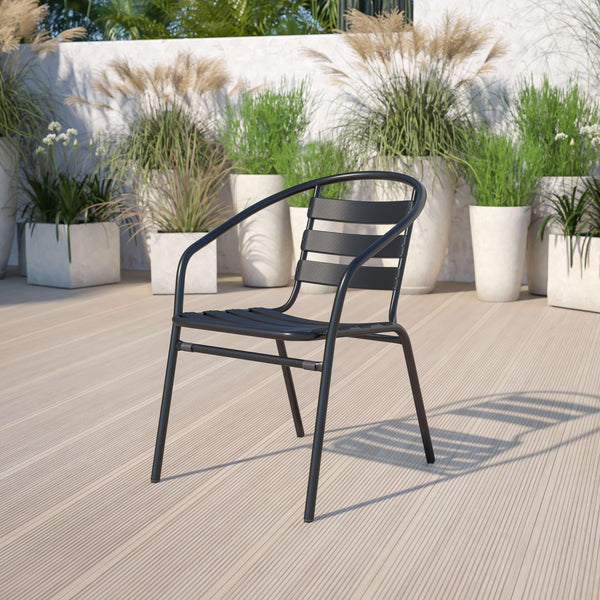 Black |#| Black Metal Restaurant Stack Chair with Curved Back and Aluminum Slats