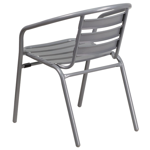 Silver |#| Silver Metal Restaurant Stack Chair with Curved Back and Aluminum Slats