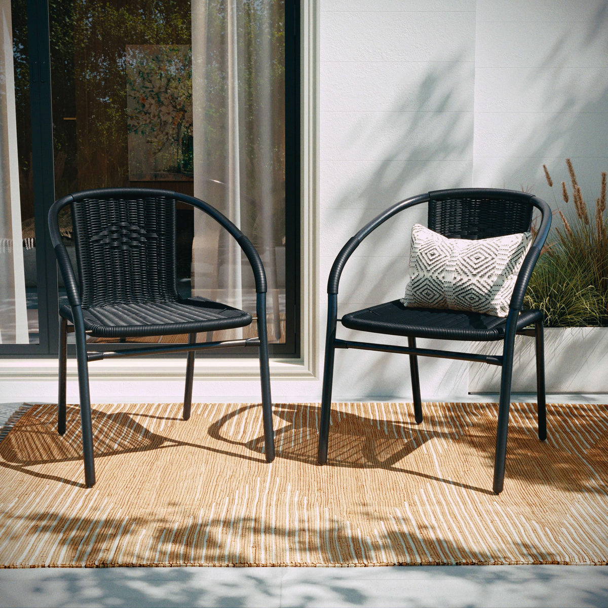 Black |#| Black Rattan Indoor-Outdoor Restaurant Stack Chair with Curved Back