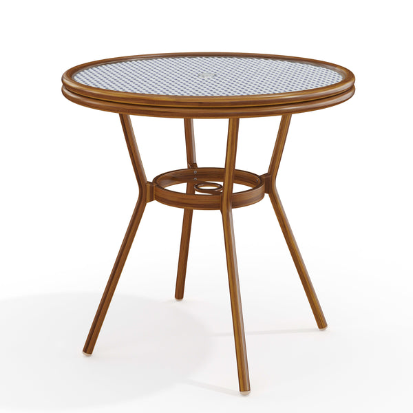 Navy & White/Natural Frame |#| 31.5" Round All-Weather Patio Bistro Dining Table - White/Navy & Natural Frame
