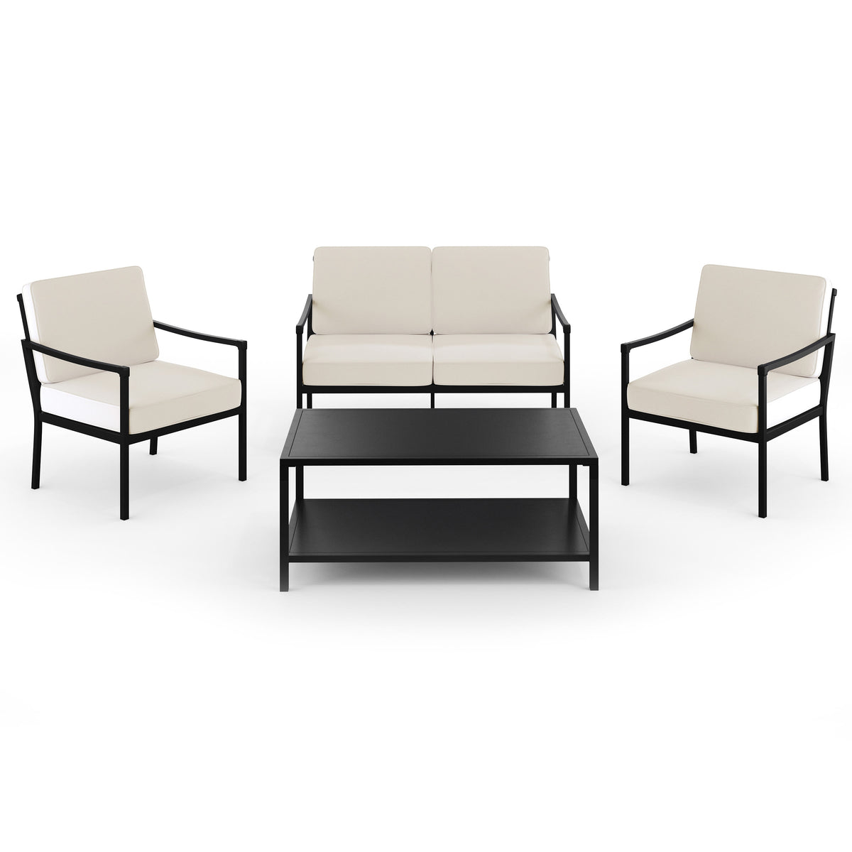 4pc Steel Patio Conversation Set with Loveseat, 2 Chairs, Coffee Table in Black
