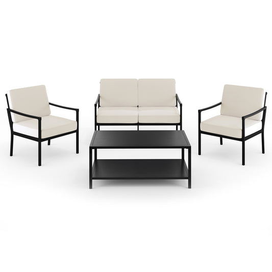 Lily Pond 4-Piece Indoor-Outdoor Conversation Set with Loveseat, 2 Chairs, and Coffee Table with Steel Frames with All-Weather Cushions