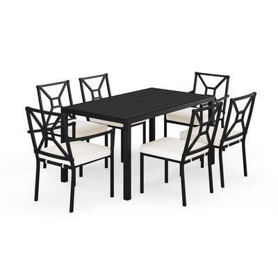 Lily Pond 7-Piece Indoor-Outdoor Dining Set with 6 Stackable Dining Chairs and 60" Table with Steel Frames with All-Weather Cushions - View 1