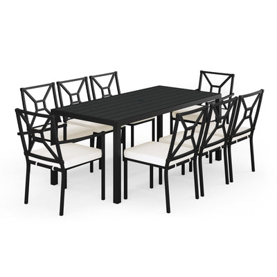 Lily Pond 9-Piece Indoor-Outdoor Dining Set with 8 Stackable Dining Chairs and 70" Table with Steel Frames with All-Weather Cushions - View 1