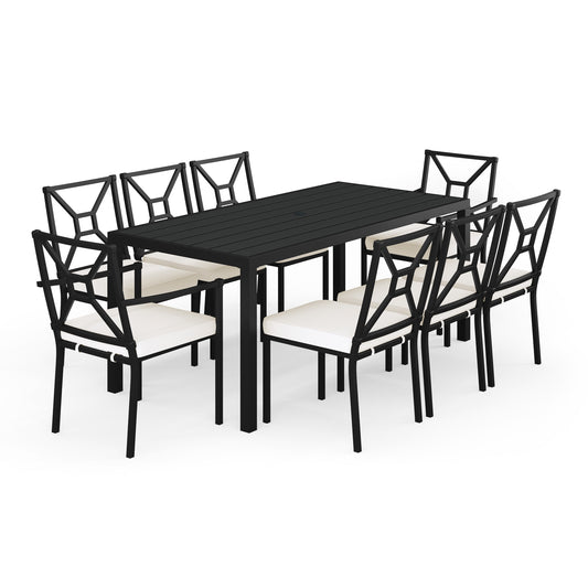 Lily Pond 9-Piece Indoor-Outdoor Dining Set with 8 Stackable Dining Chairs and 70" Table with Steel Frames with All-Weather Cushions