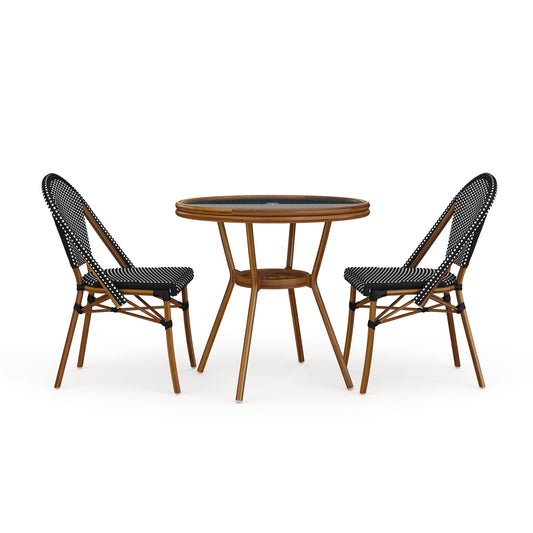 Black & White/Natural Frame |#| All Weather Woven Bistro Table and 2 Chair Set with Aluminum Frames-Black/White