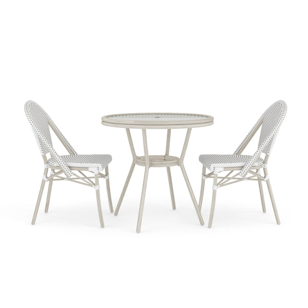 Gray & White/Gray Frame |#| All Weather Woven Bistro Table and 2 Chair Set with Aluminum Frames-White/Gray