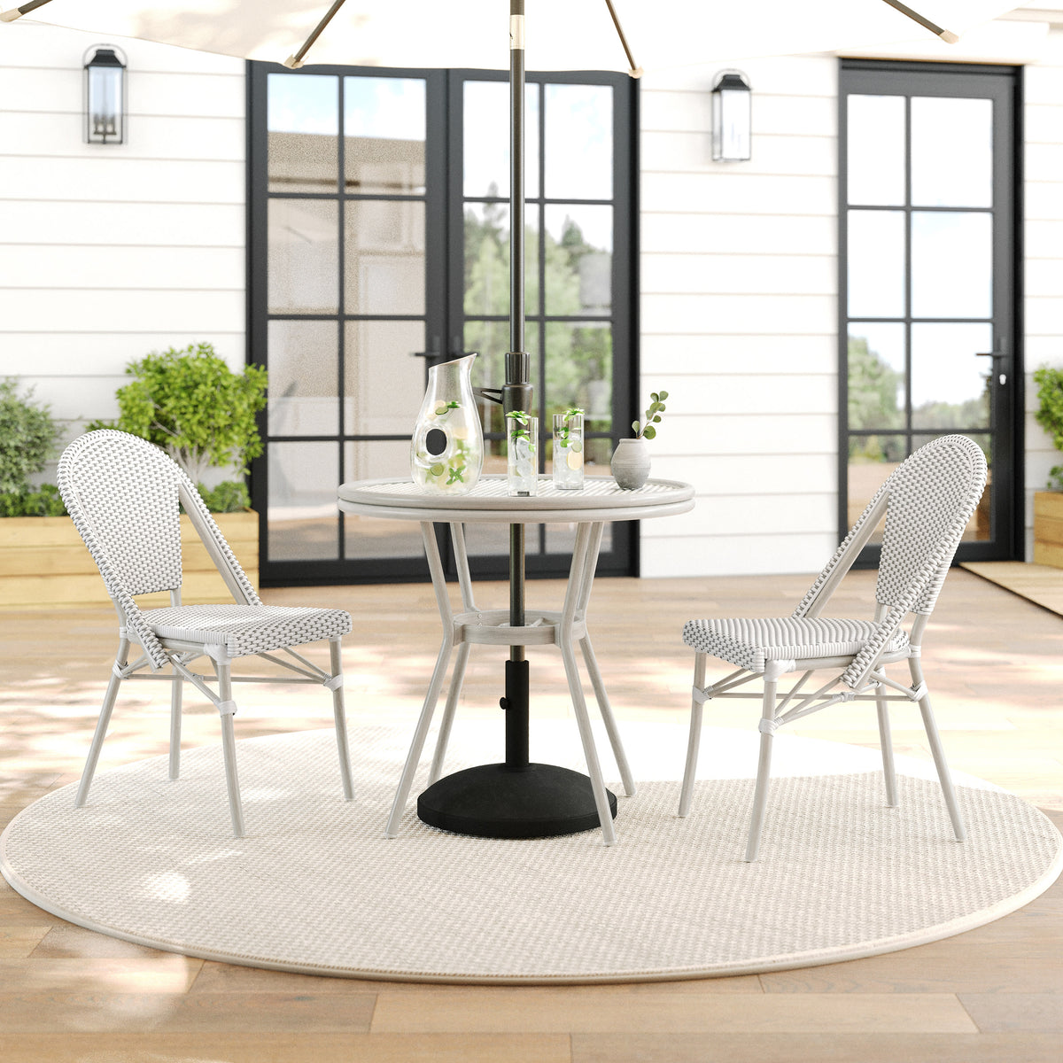 Gray & White/Gray Frame |#| All Weather Woven Bistro Table and 2 Chair Set with Aluminum Frames-White/Gray