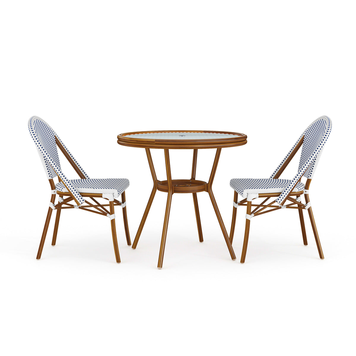 Navy & White/Natural Frame |#| All Weather Woven Bistro Table and 2 Chair Set with Aluminum Frames-Navy/White