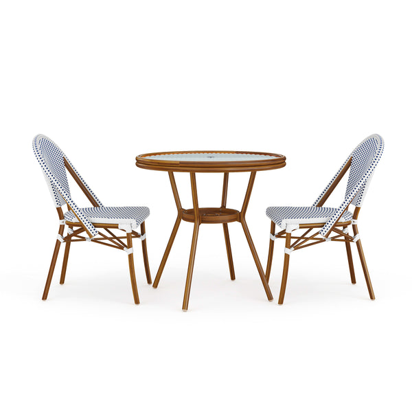 Navy & White/Natural Frame |#| All Weather Woven Bistro Table and 2 Chair Set with Aluminum Frames-Navy/White