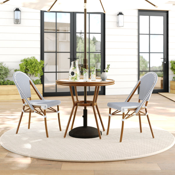 Navy & White/Natural Frame |#| All Weather Woven Bistro Table and 2 Chair Set with Aluminum Frames-Navy/White