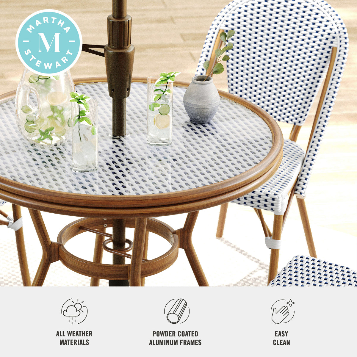 Navy & White/Natural Frame |#| All Weather Woven Bistro Table and 2 Chair Set with Aluminum Frames-Navy/White