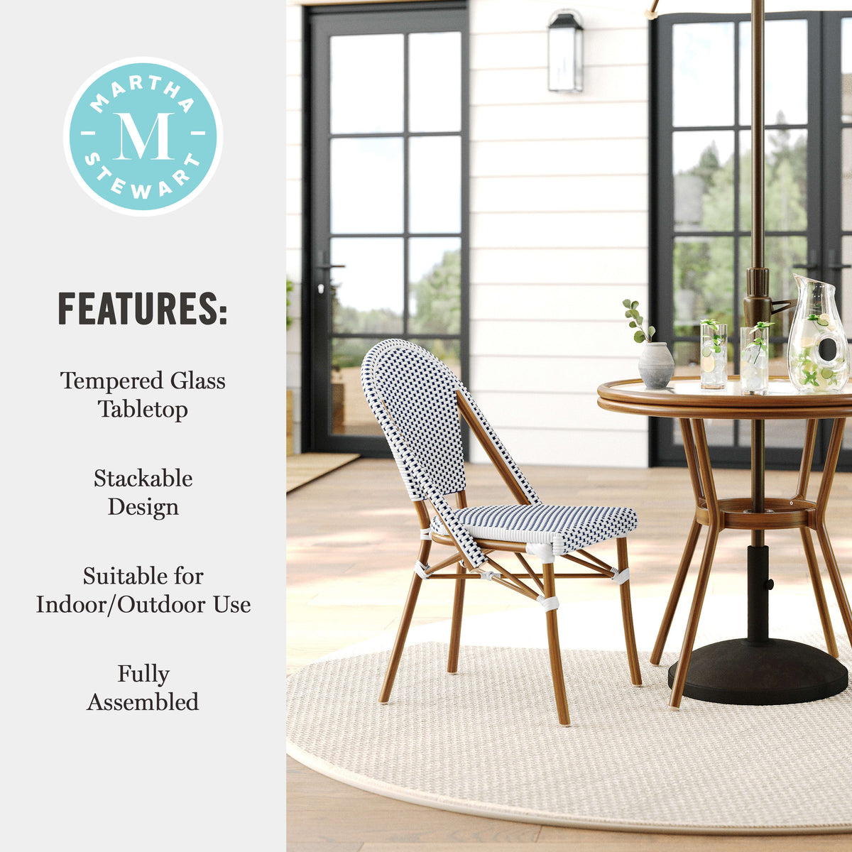 Navy & White/Natural Frame |#| All Weather Woven Bistro Table and 2 Chair Set with Aluminum Frames-Navy/White