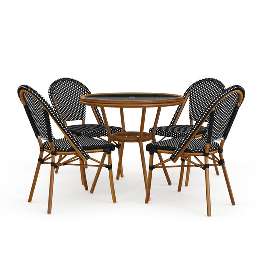 Black & White/Natural Frame |#| All Weather Woven Bistro Table and 4 Chair Set with Aluminum Frames-Black/White