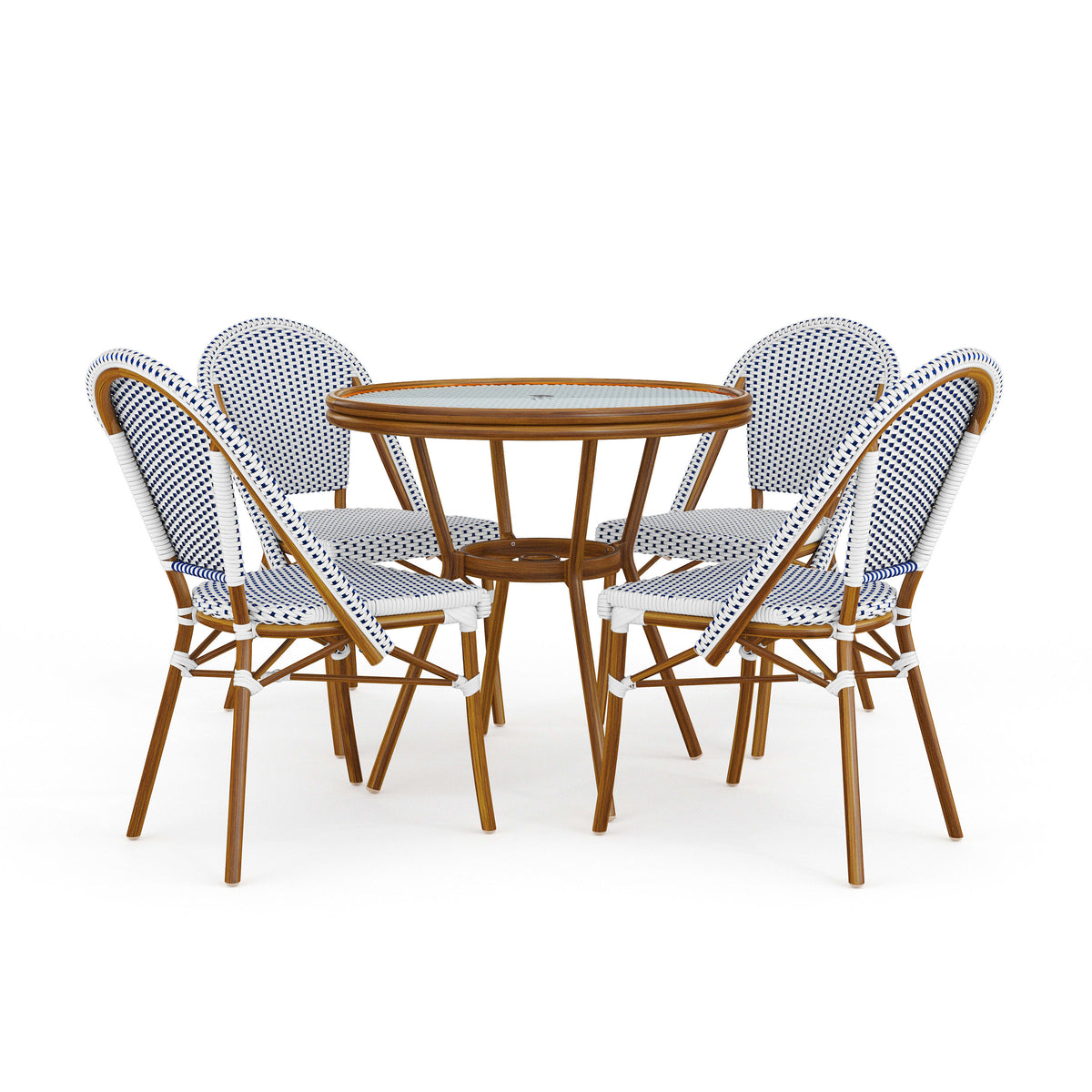 Navy & White/Natural Frame |#| All Weather Woven Bistro Table and 4 Chair Set with Aluminum Frames-Navy/White