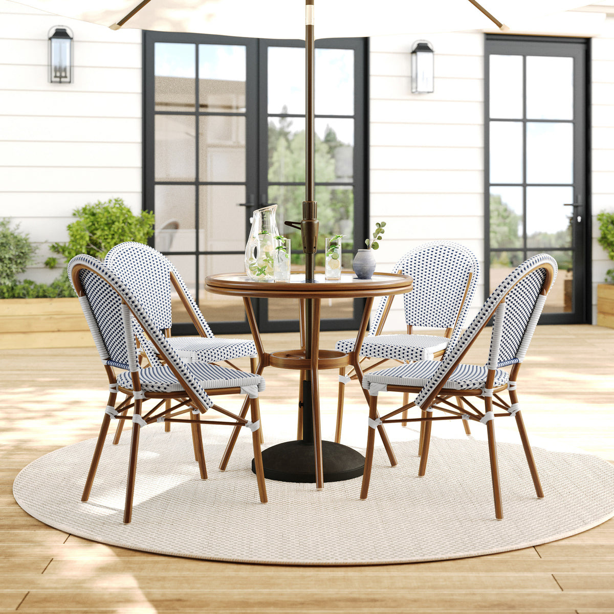 Navy & White/Natural Frame |#| All Weather Woven Bistro Table and 4 Chair Set with Aluminum Frames-Navy/White