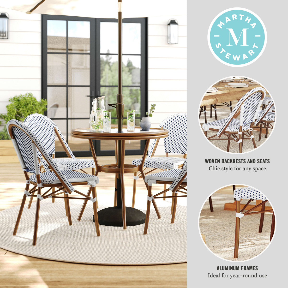 Navy & White/Natural Frame |#| All Weather Woven Bistro Table and 4 Chair Set with Aluminum Frames-Navy/White