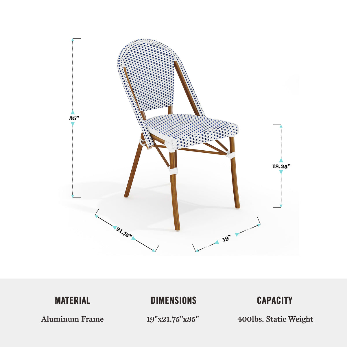 Navy & White/Natural Frame |#| All Weather Woven Bistro Table and 4 Chair Set with Aluminum Frames-Navy/White