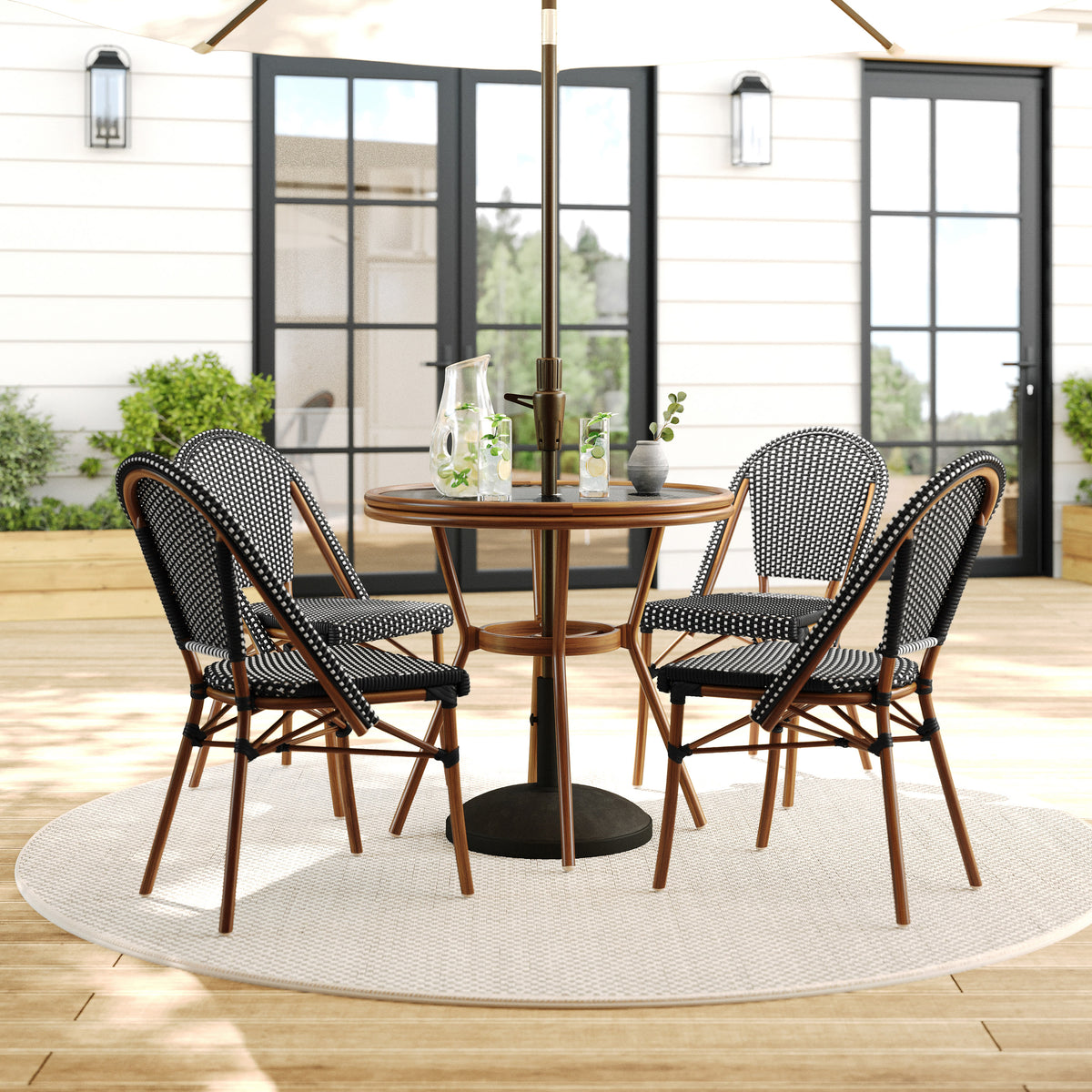Black & White/Natural Frame |#| All Weather Woven Bistro Table and 4 Chair Set with Aluminum Frames-Black/White