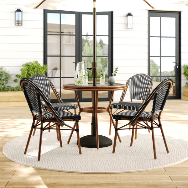 Black & White/Natural Frame |#| All Weather Woven Bistro Table and 4 Chair Set with Aluminum Frames-Black/White