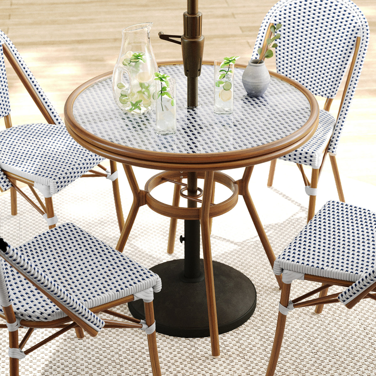 Navy & White/Natural Frame |#| All Weather Woven Bistro Table and 4 Chair Set with Aluminum Frames-Navy/White