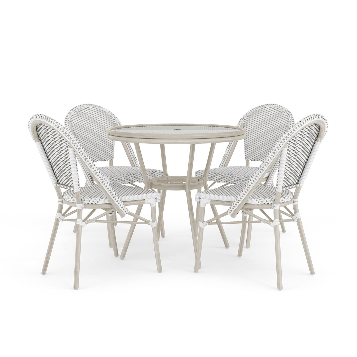 Gray & White/Gray Frame |#| All Weather Woven Bistro Table and 4 Chair Set with Aluminum Frames-White/Gray