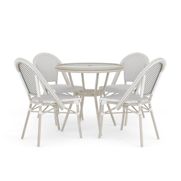 Gray & White/Gray Frame |#| All Weather Woven Bistro Table and 4 Chair Set with Aluminum Frames-White/Gray