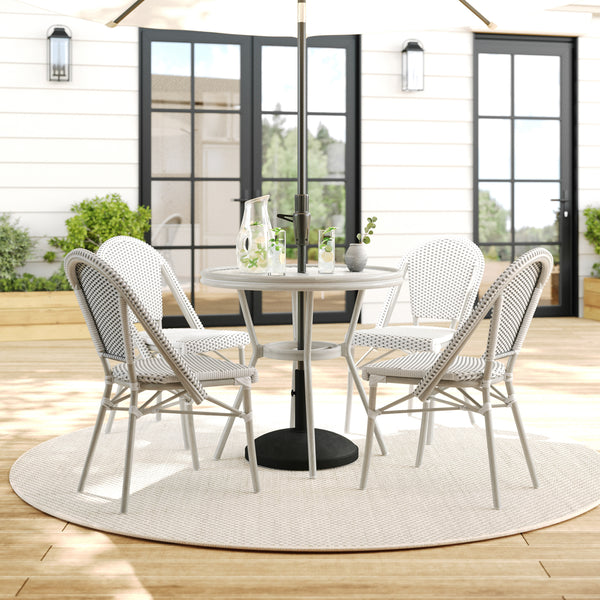 Gray & White/Gray Frame |#| All Weather Woven Bistro Table and 4 Chair Set with Aluminum Frames-White/Gray
