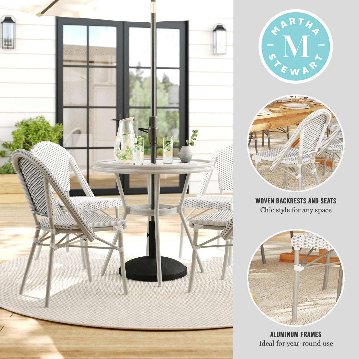Gray & White/Gray Frame |#| All Weather Woven Bistro Table and 4 Chair Set with Aluminum Frames-White/Gray