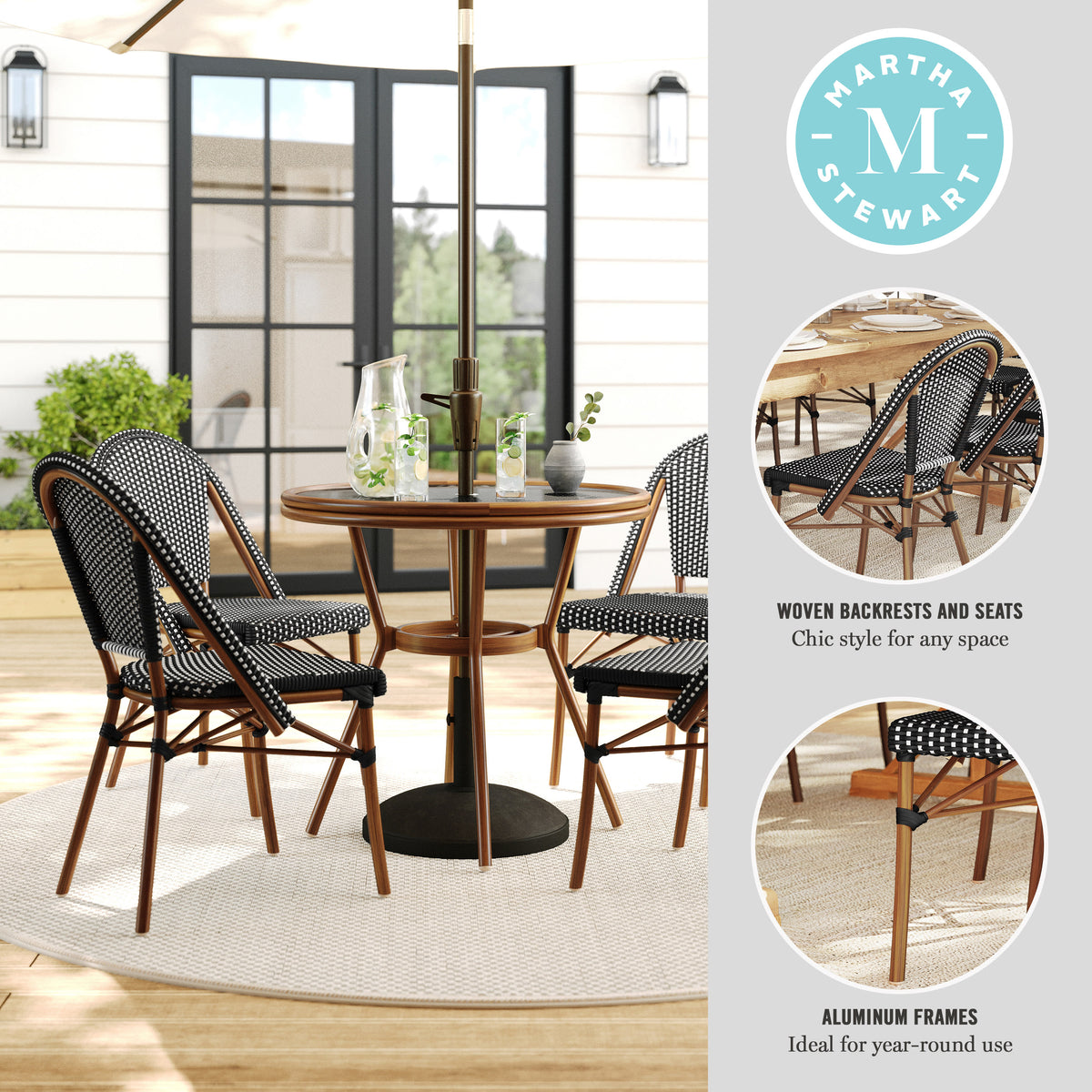 Black & White/Natural Frame |#| All Weather Woven Bistro Table and 4 Chair Set with Aluminum Frames-Black/White