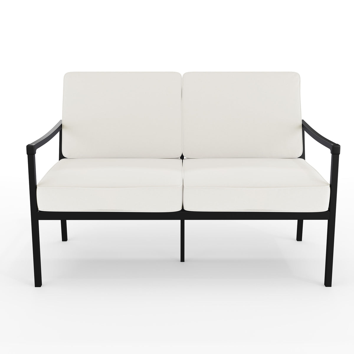 All-Weather Steel Frame Patio Loveseat in Black with Cream Cushions