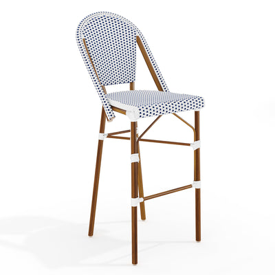 Lily Pond Indoor-Outdoor Stackable Bistro Bar Stool with Woodgrain Aluminum Finish Frame and Woven Rattan Back and Seat - View 1