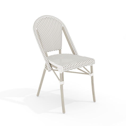 Lily Pond Indoor-Outdoor Stackable Bistro Chair with Woodgrain Aluminum Finish Frame and Woven Rattan Back and Seat