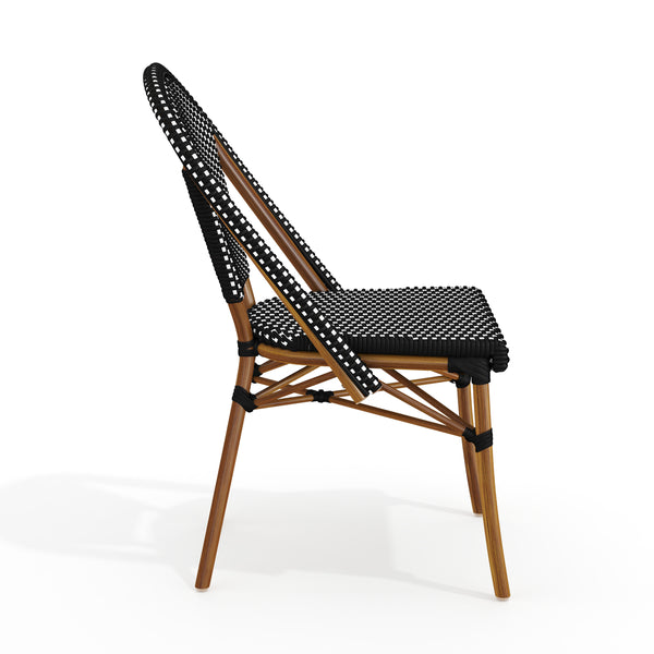 Black & White/Natural Frame |#| All-Weather Stackable Patio Bistro Dining Chair - Black/White with Natural Frame