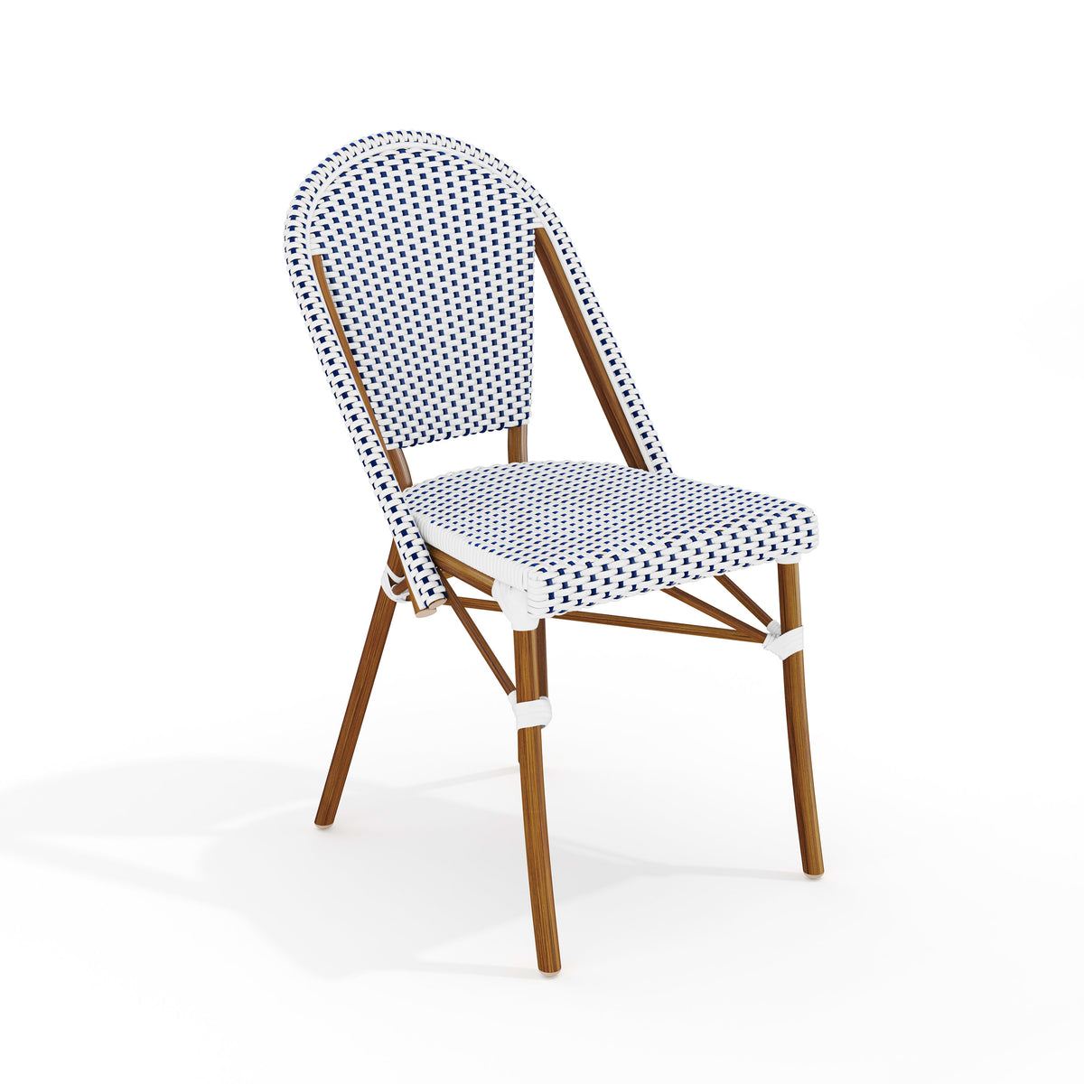 Navy & White/Natural Frame |#| All-Weather Stackable Patio Bistro Dining Chair - White/Navy with Natural Frame