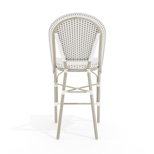 Lily Pond Indoor-Outdoor Stackable Bistro Counter Stool with Woodgrain Aluminum Finish Frame and Woven Rattan Back and Seat