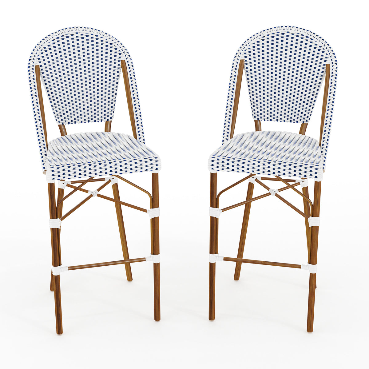 Navy & White/Natural Frame |#| 2PK All-Weather Stackable Patio Bistro Bar Stools - WHT/Navy with Natural Frames