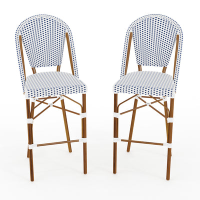 Lily Pond Set of 2 Indoor-Outdoor Stackable Bistro Bar Stools with Woodgrain Aluminum Finish Frames, Woven Rattan Backs/Seats - View 1