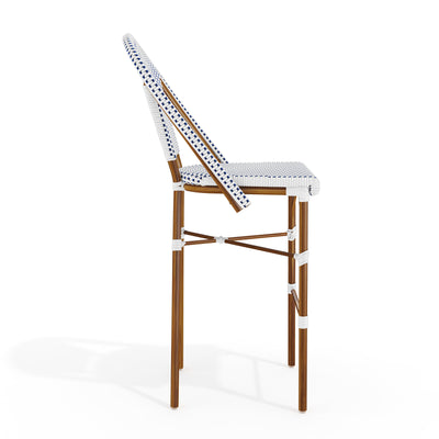 Lily Pond Set of 2 Indoor-Outdoor Stackable Bistro Bar Stools with Woodgrain Aluminum Finish Frames, Woven Rattan Backs/Seats - View 2