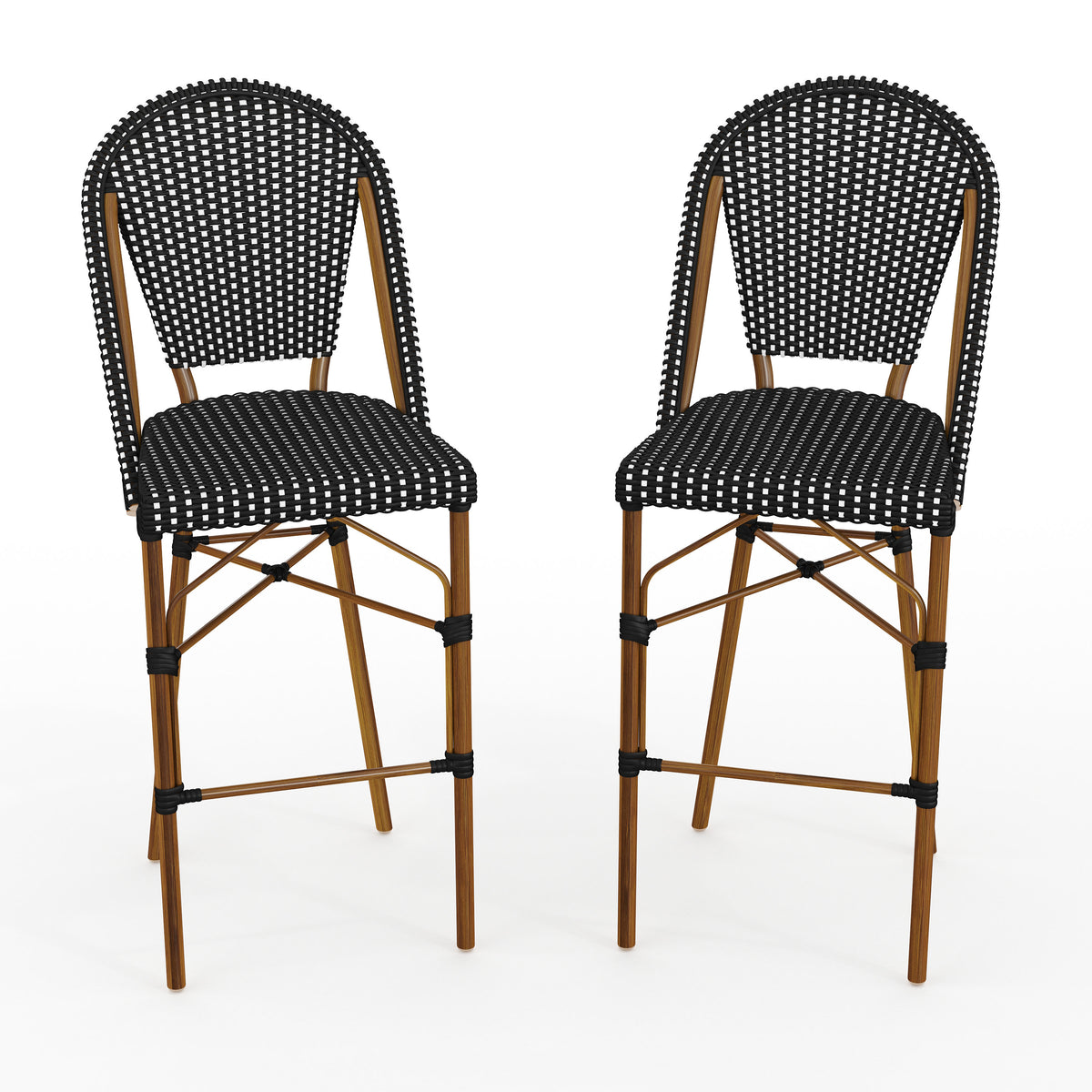 Black & White/Natural Frame |#| 2PK All-Weather Stackable Patio Bistro Bar Stools - BLK/WHT with Natural Frames