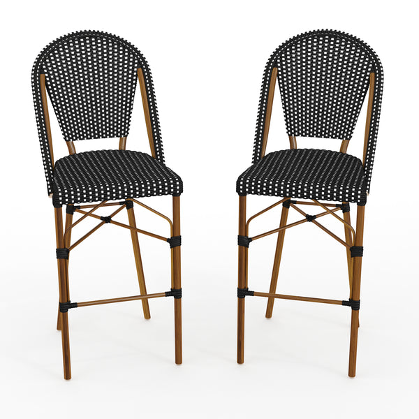 Black & White/Natural Frame |#| 2PK All-Weather Stackable Patio Bistro Bar Stools - BLK/WHT with Natural Frames