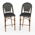 Lily Pond Set of 2 Indoor-Outdoor Stackable Bistro Bar Stools with Woodgrain Aluminum Finish Frames, Woven Rattan Backs/Seats