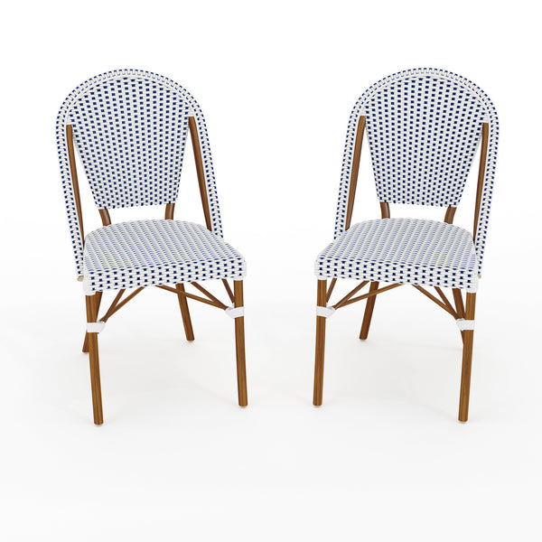 Navy & White/Natural Frame |#| 2PK All-Weather Stackable Patio Bistro Dining Chairs - WHT/Navy with NAT Frames